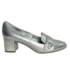 Bandolino Women Silver Metallic Loafer Heels Size 7M Block Heel Buckle Accent
